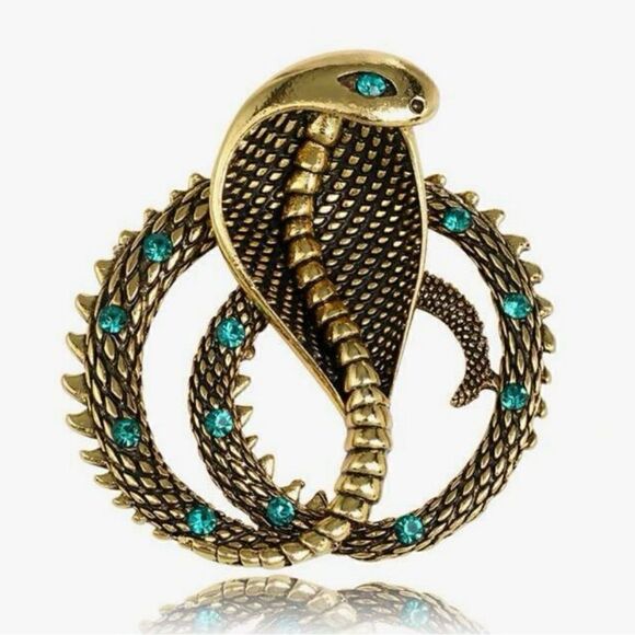 Gothic Cobra Snake Brooch, Antique Gold Color, Jewel eyes & Accents - Picture 2 of 2